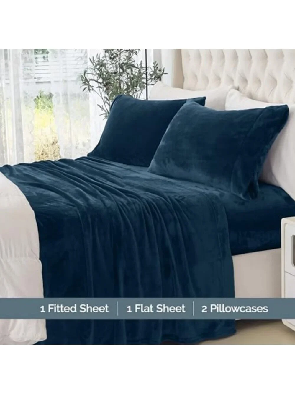 Cozy Velvet Plush Flannel Sheet Set - 4-Piece Deep Pocket Twin XL, Navy - Soft